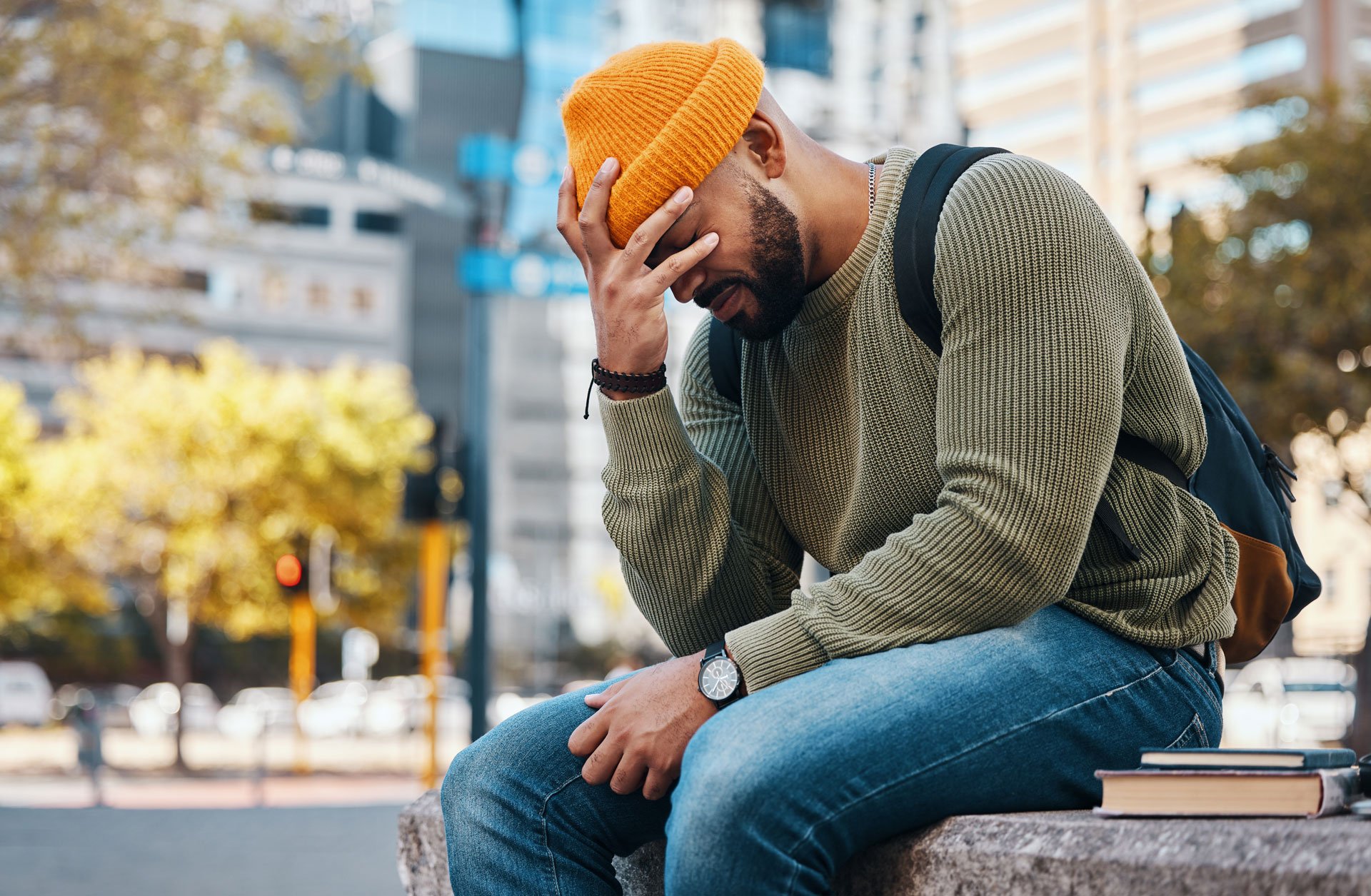 Stressed man outdoor.