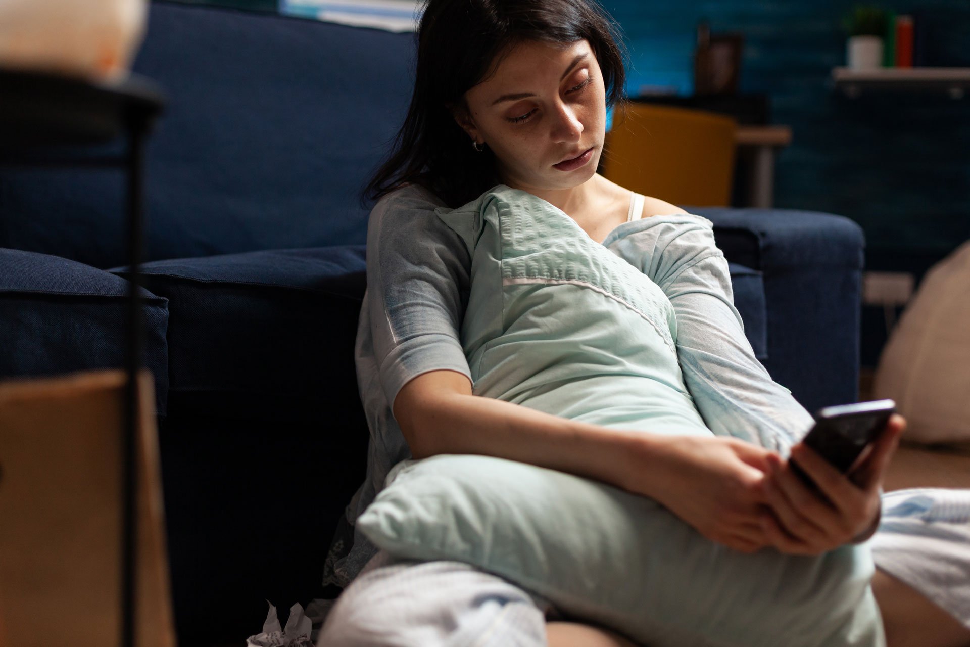 Worried woman after giving birth.