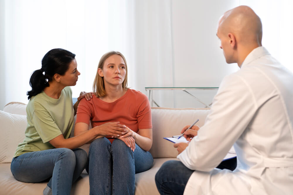 Anxious adolescent patient receiving compassionate family counseling and individual therapy from a professional clinical practitioner