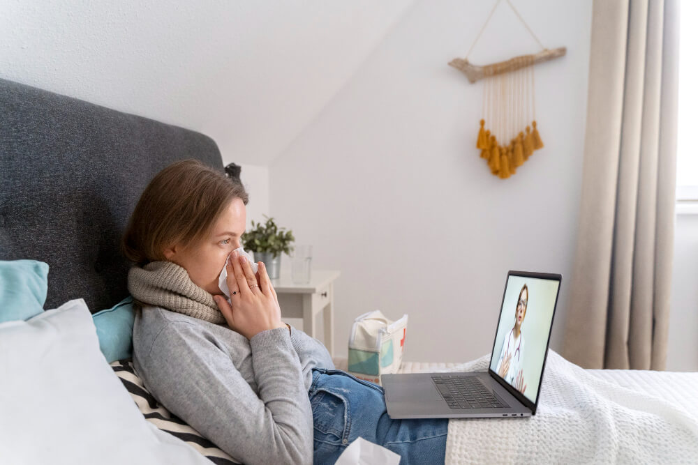 patient resting in bed while conducting an online telehealth appointment on a laptop with a healthcare professional